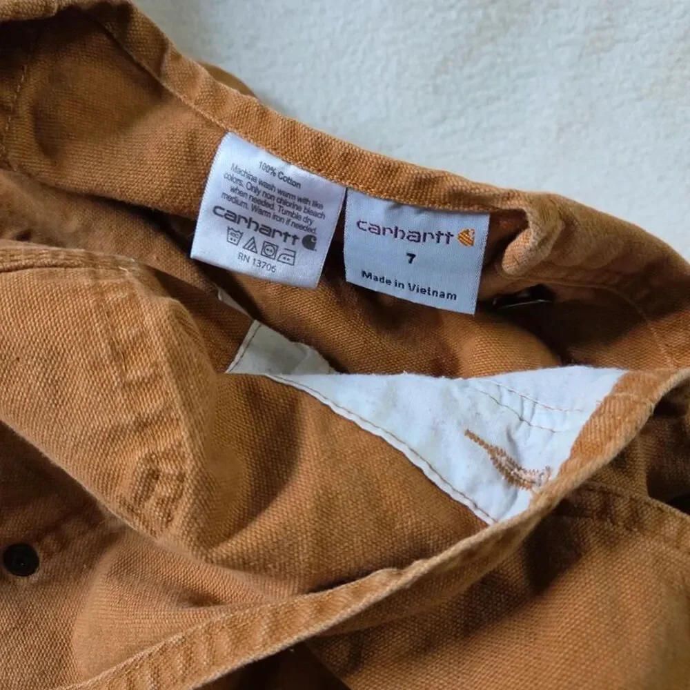 Carhartt Kids Size 7 Brown Duck Canvas Double Knee Bib Overalls Workwear Play